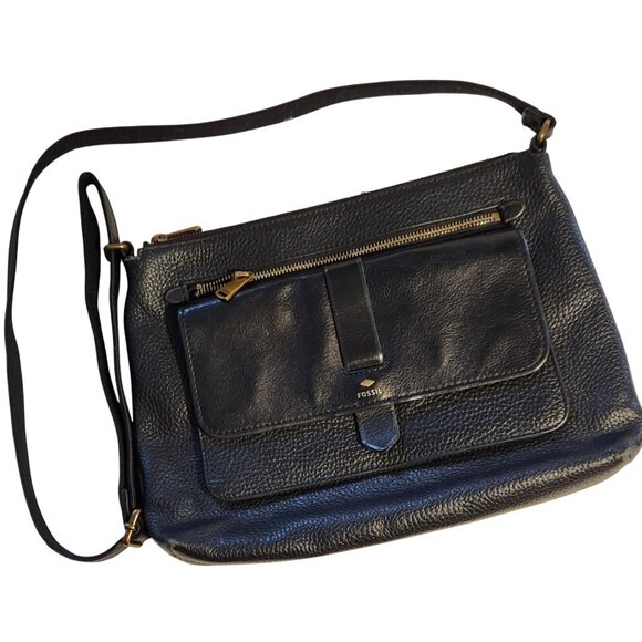 Fossil Black Leather Crossbody Bag With External Pocket & Adjustable Strap - Picture 1 of 9